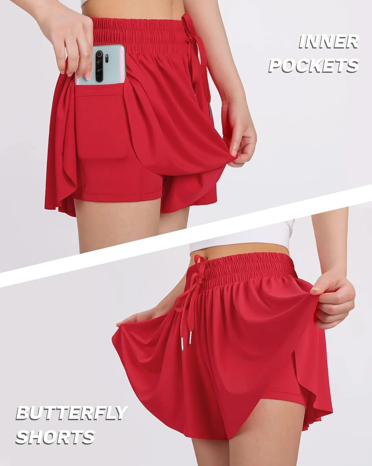 JOCMIC Girls Flowy Shorts, 2 in 1 Preppy Butterfly Shorts with Spandex Liner for Cheer Athletic Gym Teens Casual Clothes