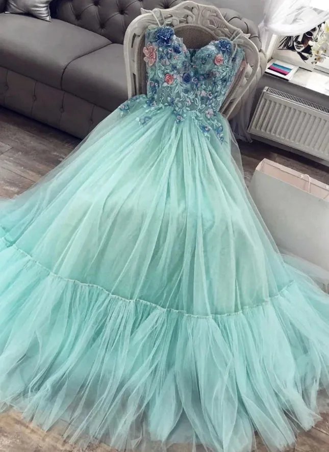 kamahe A Line Mint Green Sweetheart Tulle Appliques Long Prom Dresses
