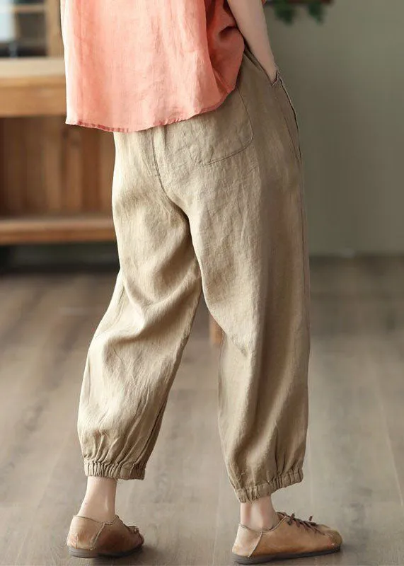 Khaki Hollow Out Patchwork Linen Harem Pants Summer LY0212