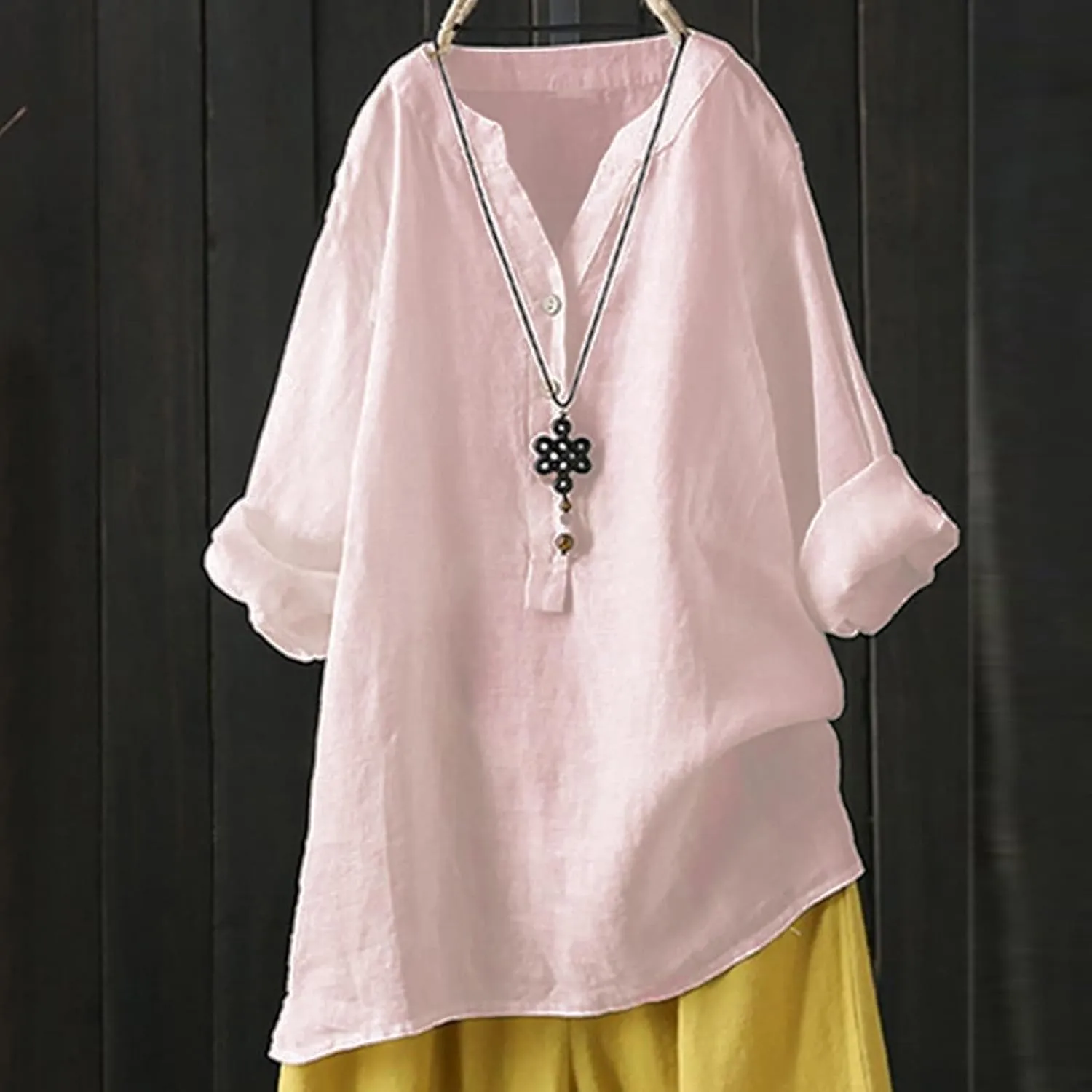 Linen Button Down Shirt Women Cap Sleeve Bell Sleeve Round Collar Work Office Shirt Blouse