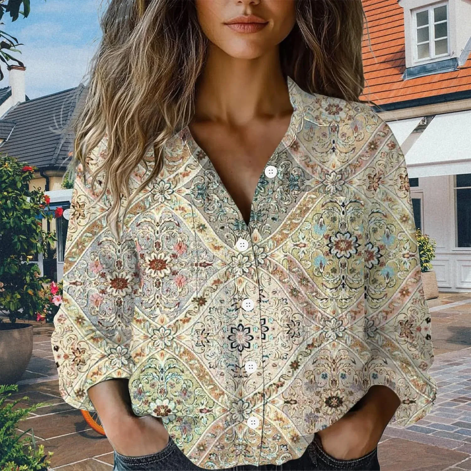 Linen Button Down Shirts for Women Floral Striped Vintage Boho Tops Dressy Casual Fit Long Sleeve Blouse with Pocket