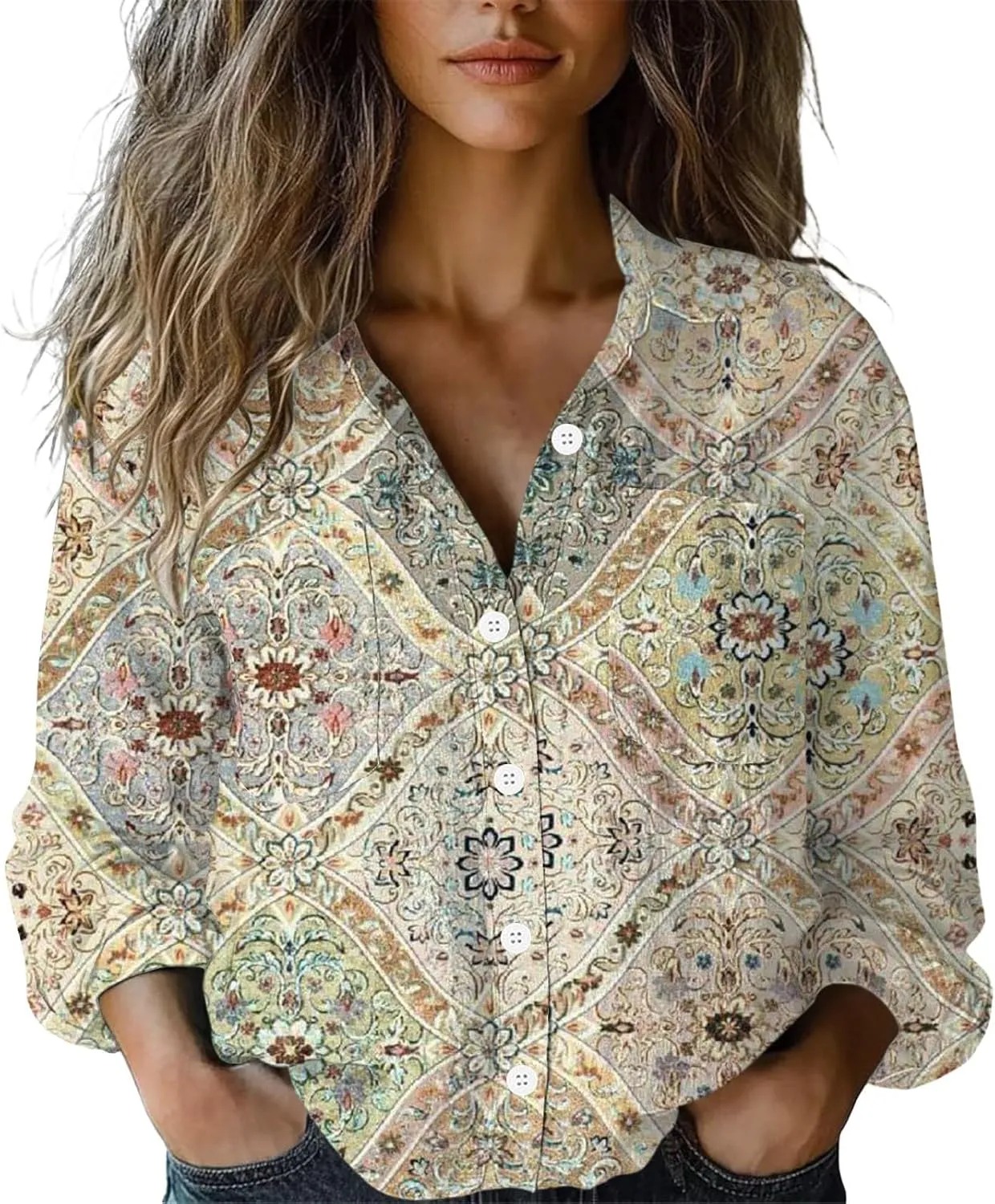 Linen Button Down Shirts for Women Floral Striped Vintage Boho Tops Dressy Casual Fit Long Sleeve Blouse with Pocket
