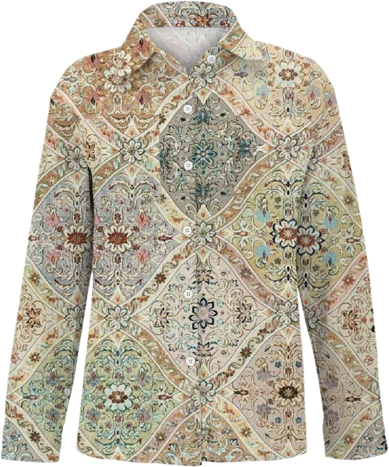 Linen Button Down Shirts for Women Floral Striped Vintage Boho Tops Dressy Casual Fit Long Sleeve Blouse with Pocket