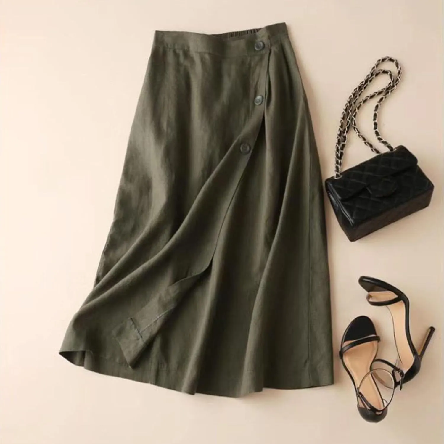 Linen Midi Skirt Womens Skirts 2025 Beach High Waisted Midi Skirt with Pockets Button Flowy A Line Boho Summer Skirts