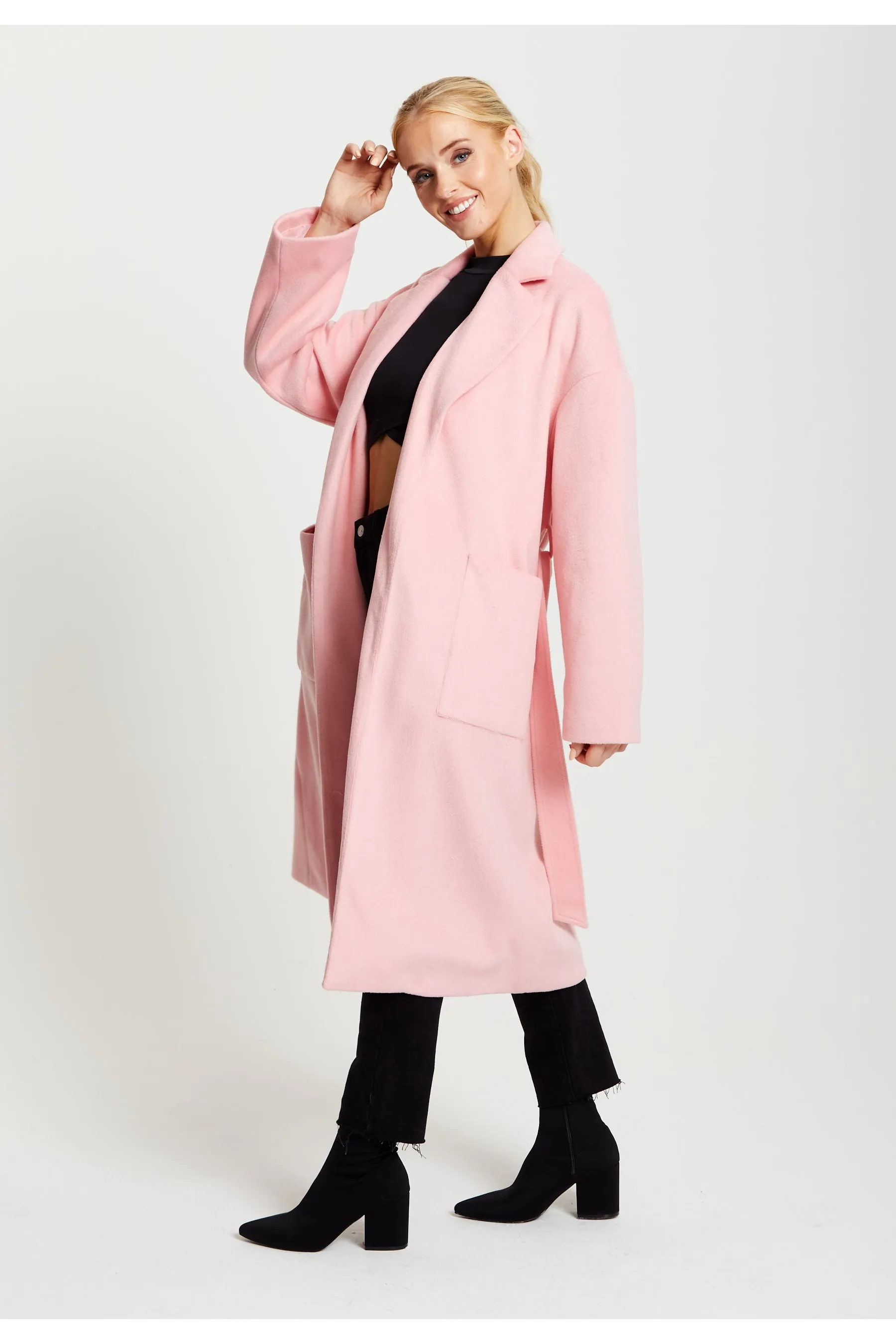 Liquorish Belted Longline Coat In Pink