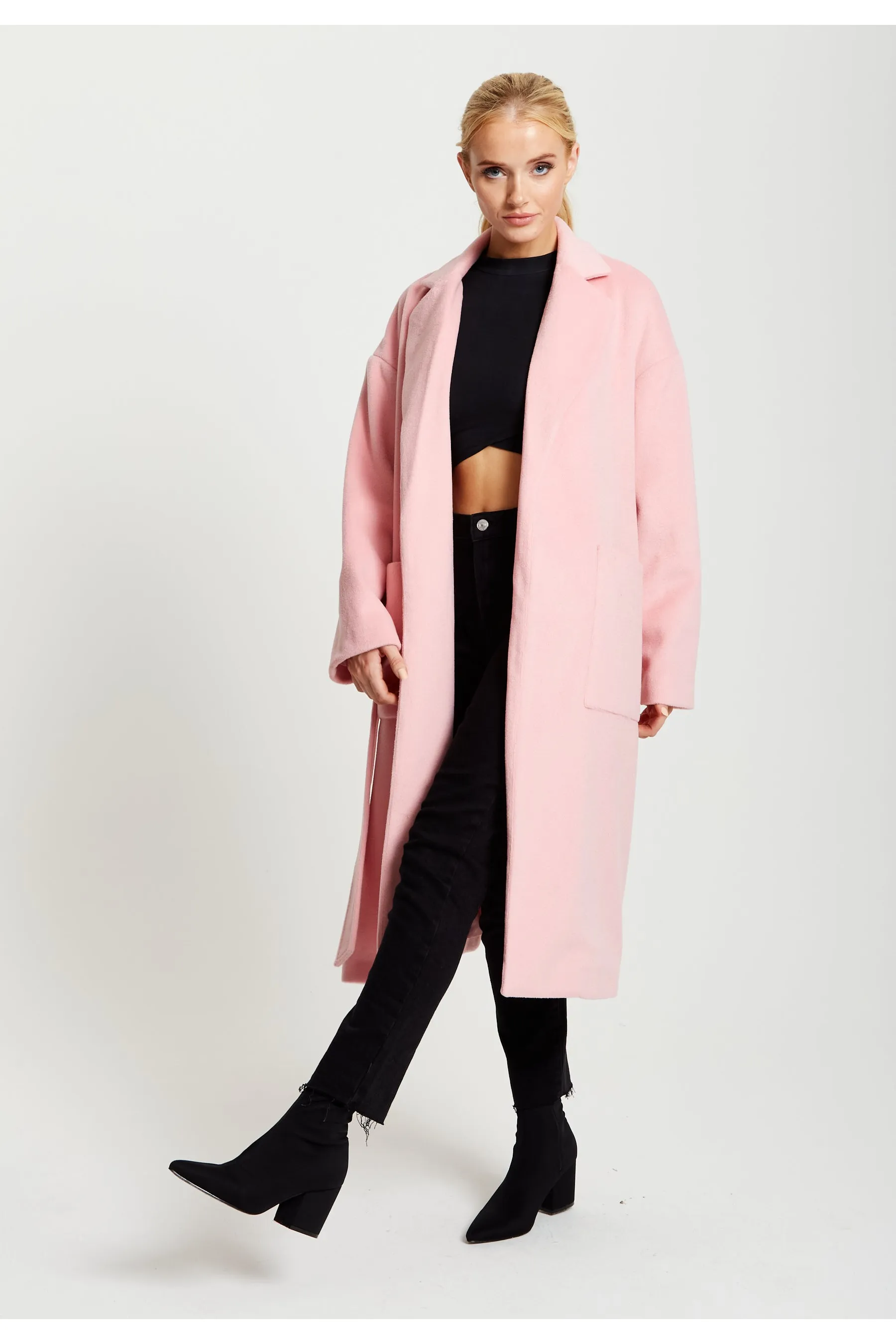 Liquorish Belted Longline Coat In Pink