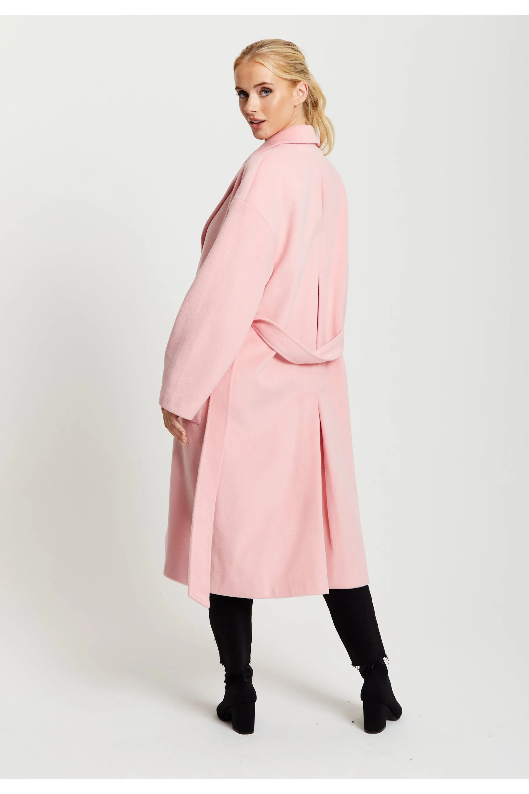 Liquorish Belted Longline Coat In Pink