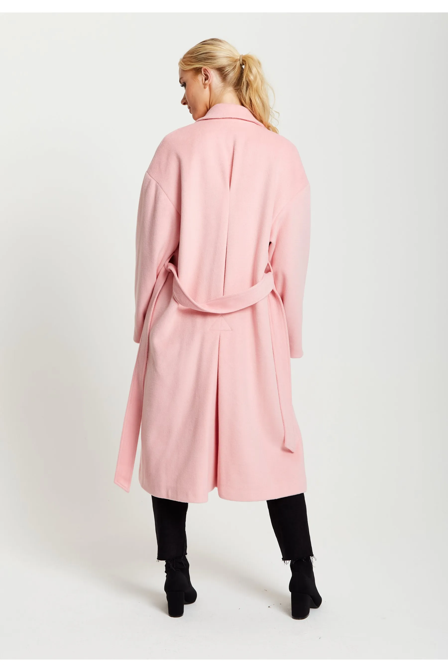 Liquorish Belted Longline Coat In Pink