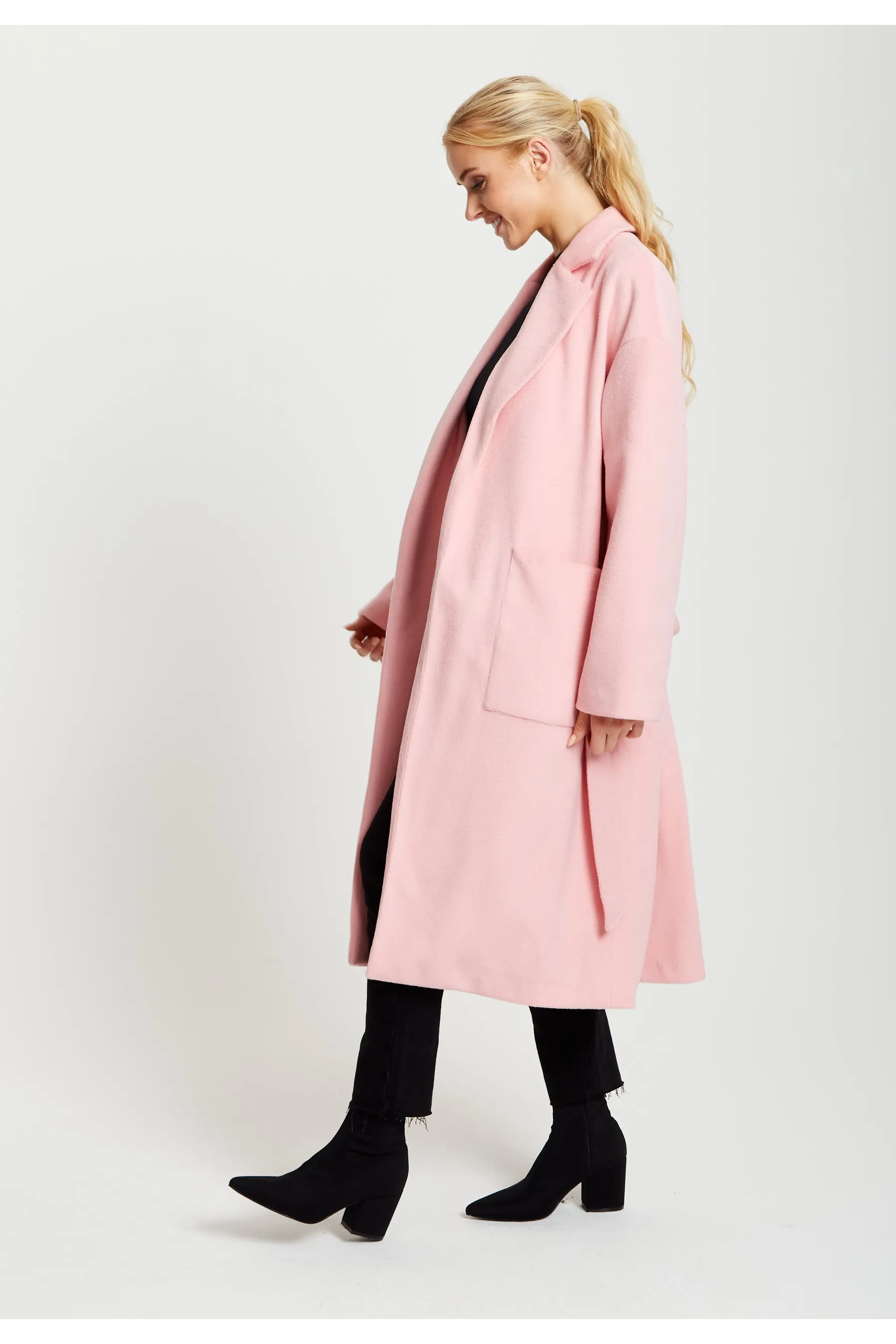 Liquorish Belted Longline Coat In Pink