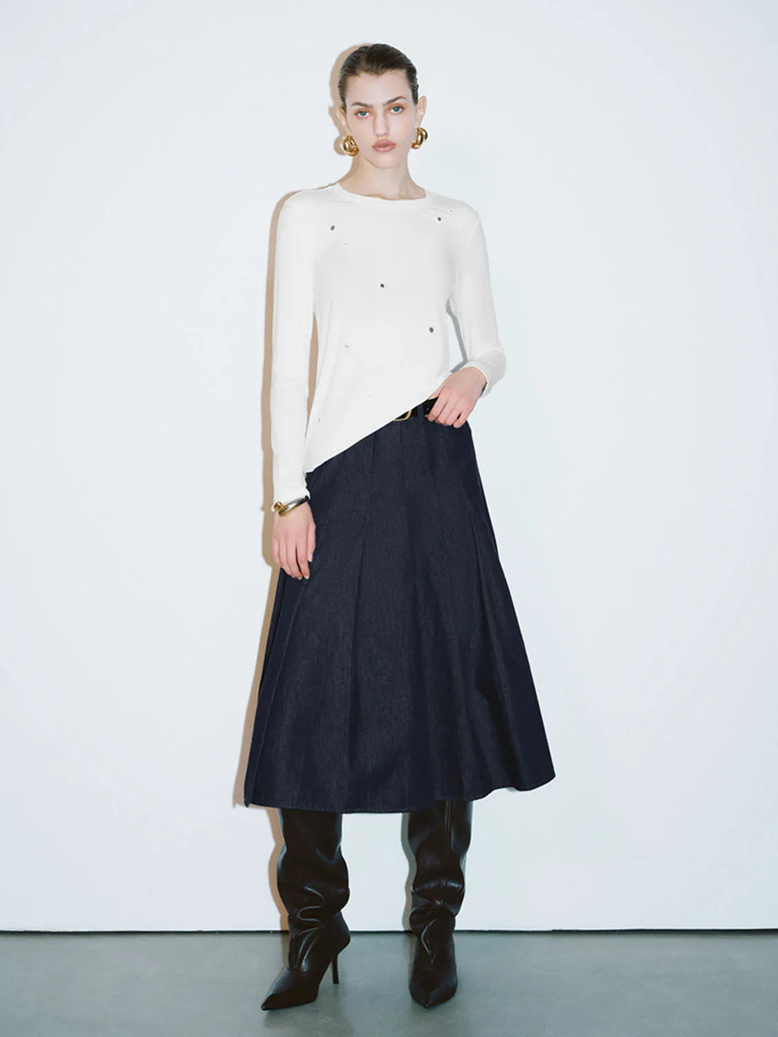 Maxi Denim Pleated Skirts