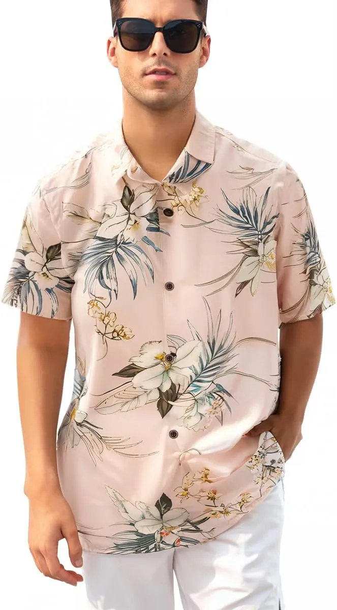 Men's Hawaiian Floral Shirts Silk and Linen Button Down Casual Tropical Holiday Beach Shirts