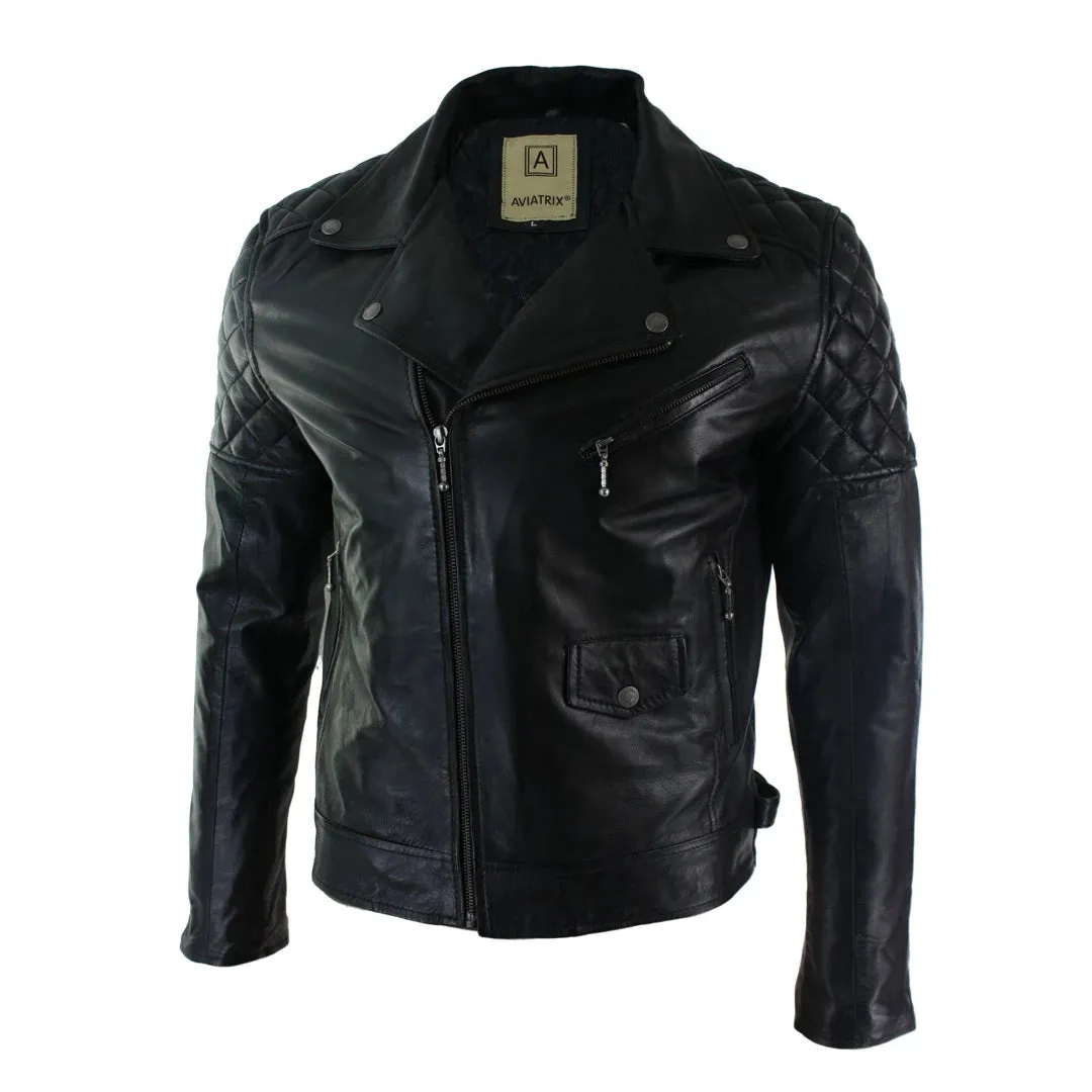 Men's Washed Brown Black Leather Biker Jacket Cross Zip