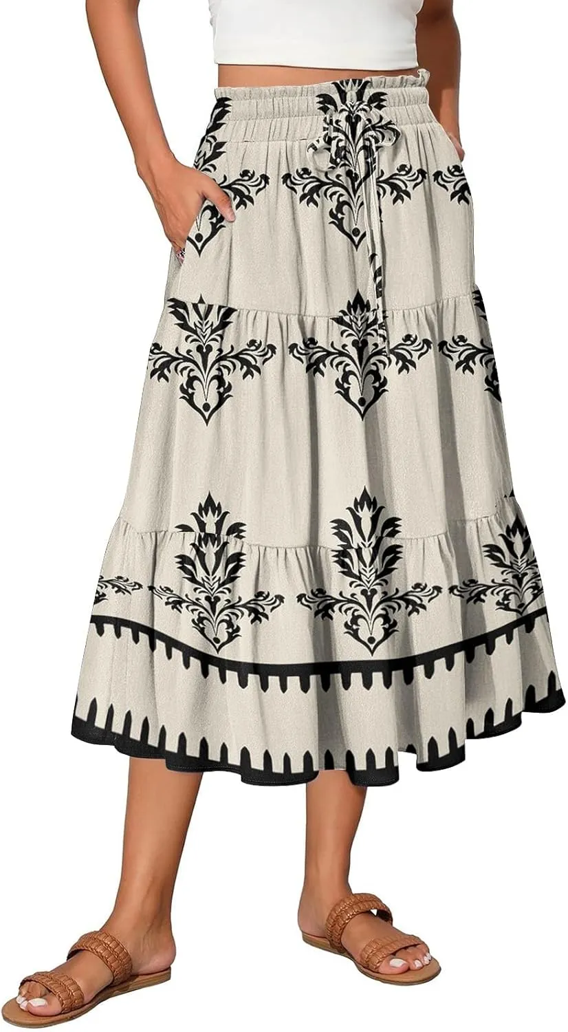 Midi Skirts for Women Boho Beach Flowy Floral Skirt Tiered Elastic High Waisted Skirts A Line Skirt with Pockets
