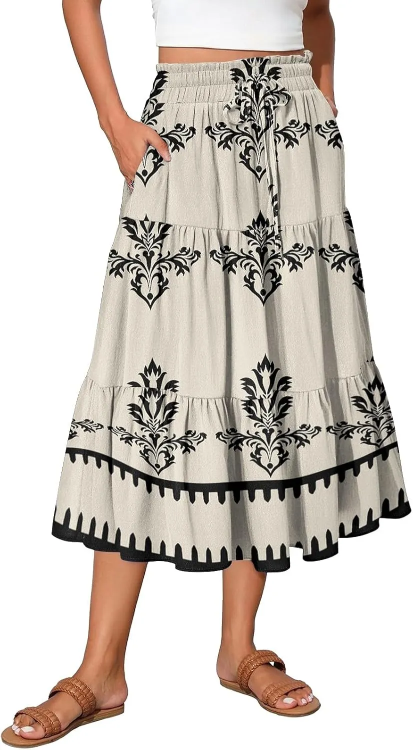 Midi Skirts for Women Boho Beach Flowy Floral Skirt Tiered Elastic High Waisted Skirts A Line Skirt with Pockets