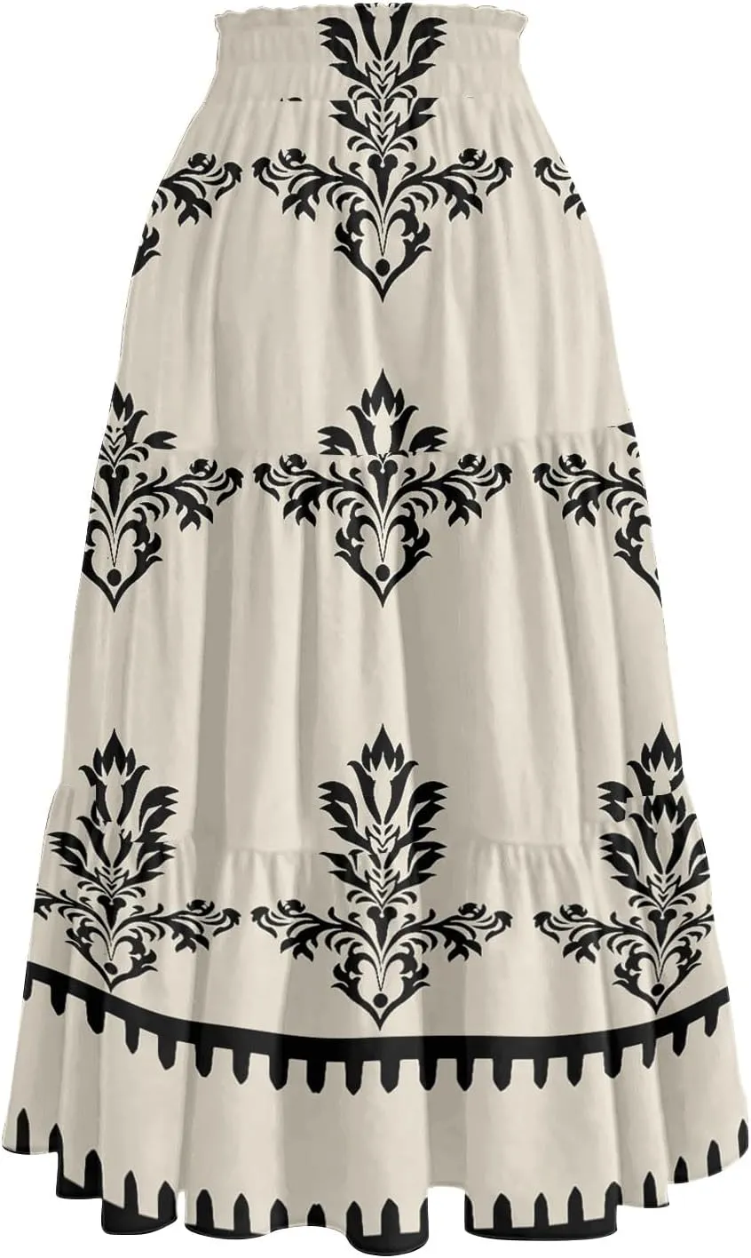 Midi Skirts for Women Boho Beach Flowy Floral Skirt Tiered Elastic High Waisted Skirts A Line Skirt with Pockets