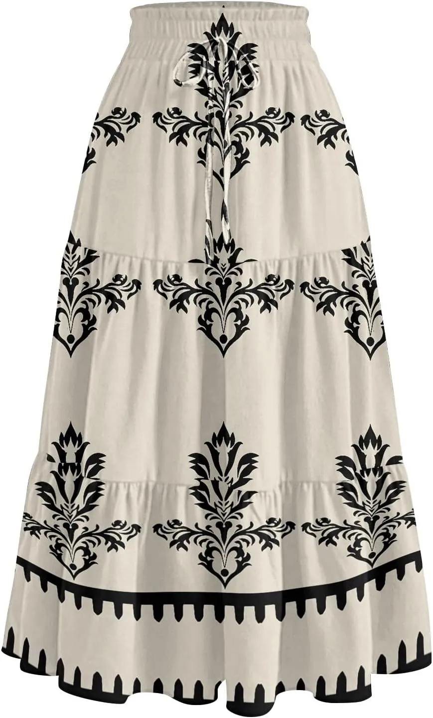 Midi Skirts for Women Boho Beach Flowy Floral Skirt Tiered Elastic High Waisted Skirts A Line Skirt with Pockets
