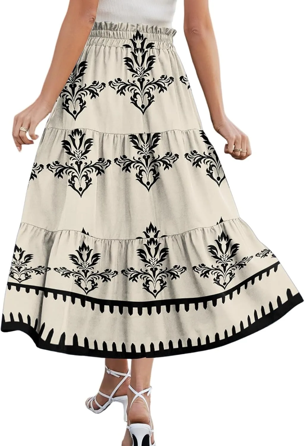 Midi Skirts for Women Boho Beach Flowy Floral Skirt Tiered Elastic High Waisted Skirts A Line Skirt with Pockets