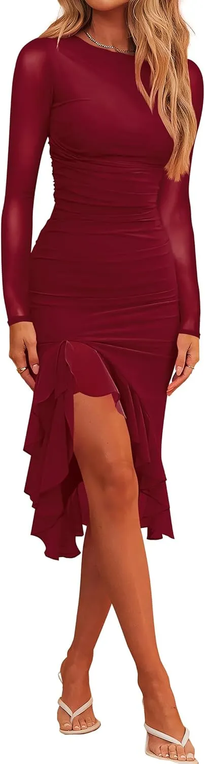 Nova In Sky Women's Sexy Ruched Bodycon Midi Dress Mesh Long Sleeve Ruffle Hem Formal Wedding Guest Cocktail Party Dress