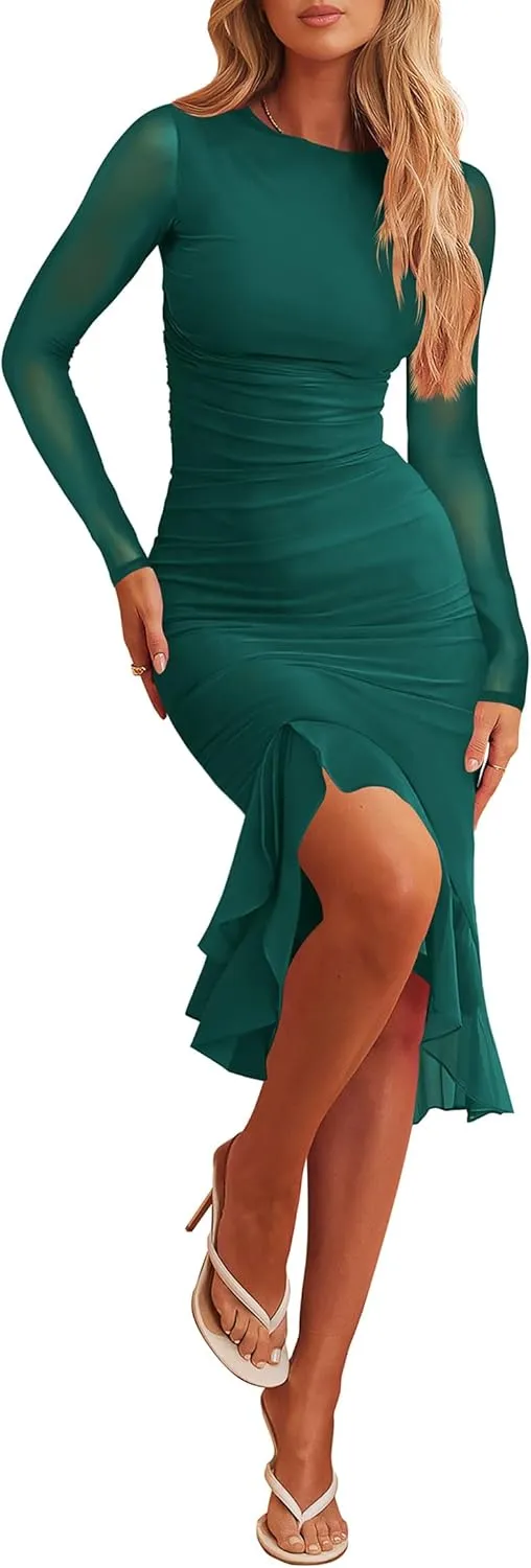 Nova In Sky Women's Sexy Ruched Bodycon Midi Dress Mesh Long Sleeve Ruffle Hem Formal Wedding Guest Cocktail Party Dress