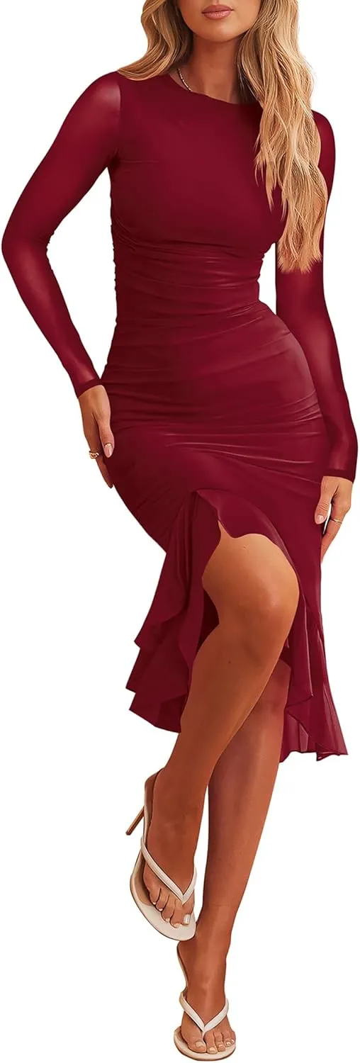 Nova In Sky Women's Sexy Ruched Bodycon Midi Dress Mesh Long Sleeve Ruffle Hem Formal Wedding Guest Cocktail Party Dress