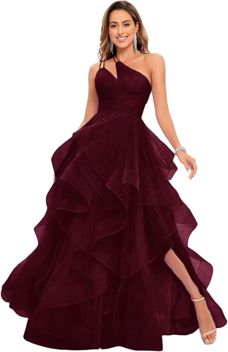 One Shoulder Tulle Prom Dresses 2025 Pleated Tiered Ball Gown Princess Formal Evening Gown for Teens with Slit
