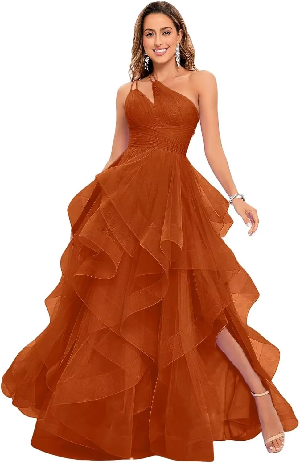 One Shoulder Tulle Prom Dresses 2025 Pleated Tiered Ball Gown Princess Formal Evening Gown for Teens with Slit
