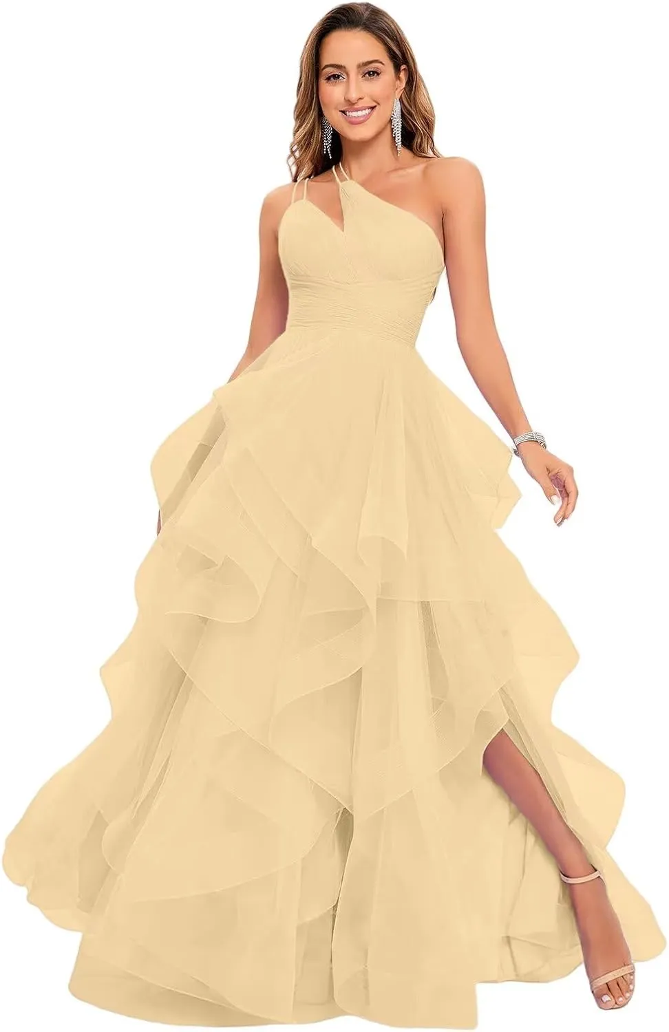 One Shoulder Tulle Prom Dresses 2025 Pleated Tiered Ball Gown Princess Formal Evening Gown for Teens with Slit