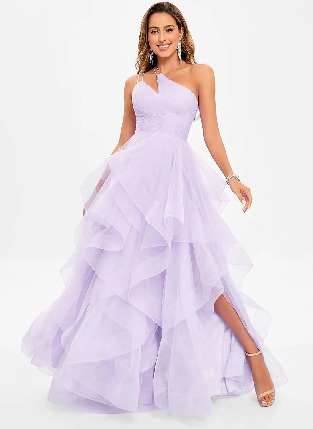 One Shoulder Tulle Prom Dresses 2025 Pleated Tiered Ball Gown Princess Formal Evening Gown for Teens with Slit