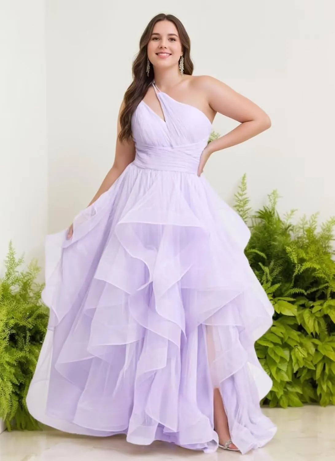 One Shoulder Tulle Prom Dresses 2025 Pleated Tiered Ball Gown Princess Formal Evening Gown for Teens with Slit
