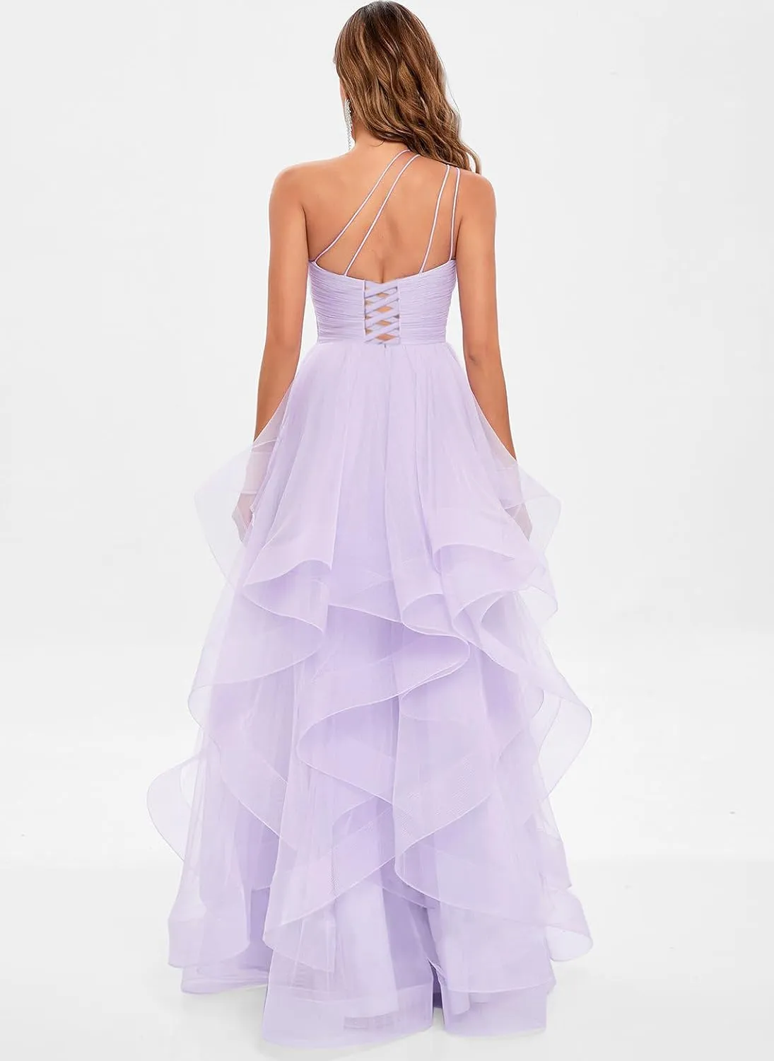 One Shoulder Tulle Prom Dresses 2025 Pleated Tiered Ball Gown Princess Formal Evening Gown for Teens with Slit