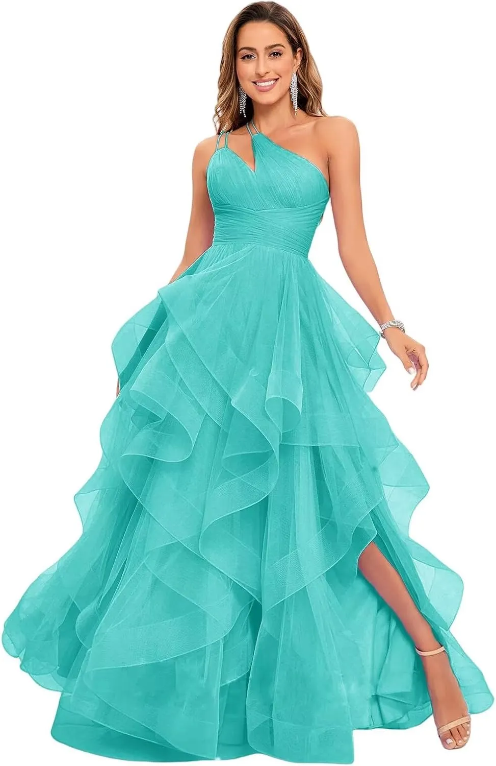 One Shoulder Tulle Prom Dresses 2025 Pleated Tiered Ball Gown Princess Formal Evening Gown for Teens with Slit