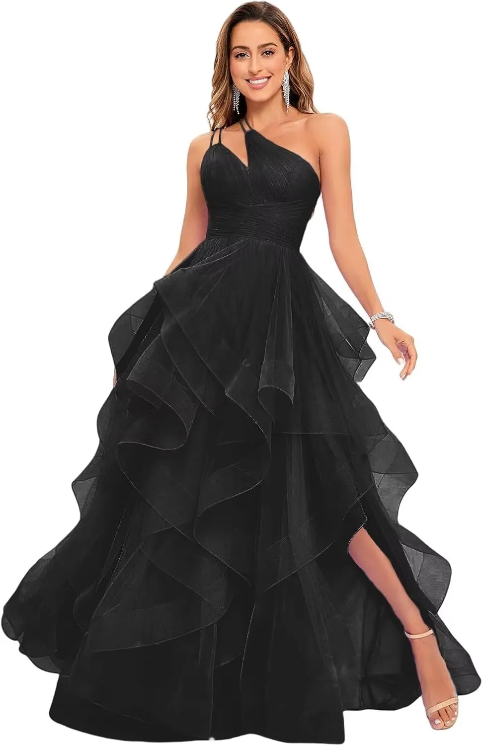 One Shoulder Tulle Prom Dresses 2025 Pleated Tiered Ball Gown Princess Formal Evening Gown for Teens with Slit