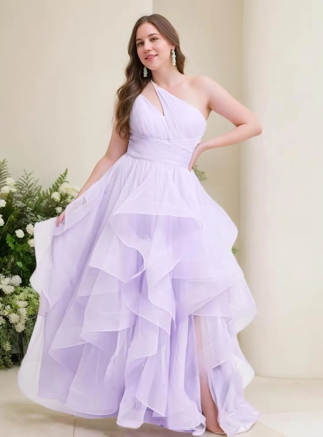 One Shoulder Tulle Prom Dresses 2025 Pleated Tiered Ball Gown Princess Formal Evening Gown for Teens with Slit