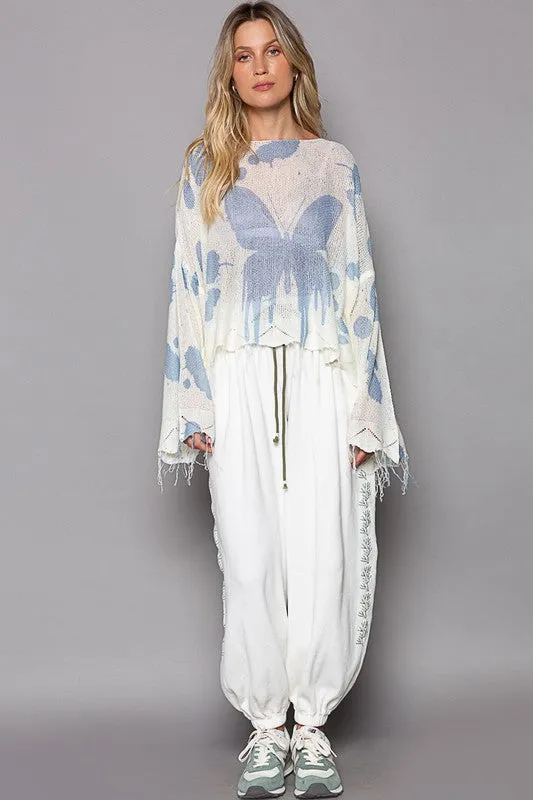 Oversized Butterfly Print Distressed Top from POL - Ivory/Blue