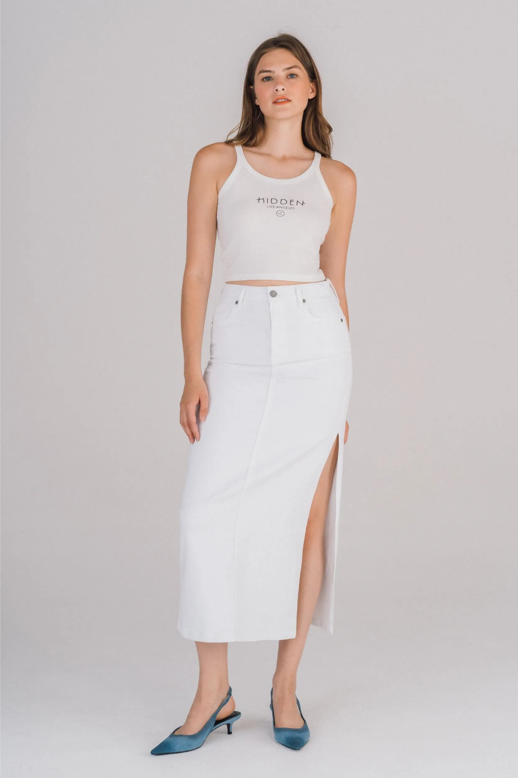 [Peyton] Side Slit White Denim Skirt