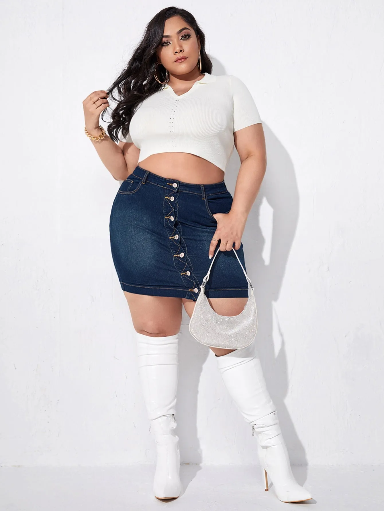 Plain Washed High Waist Short Plus Size Denim Skirt