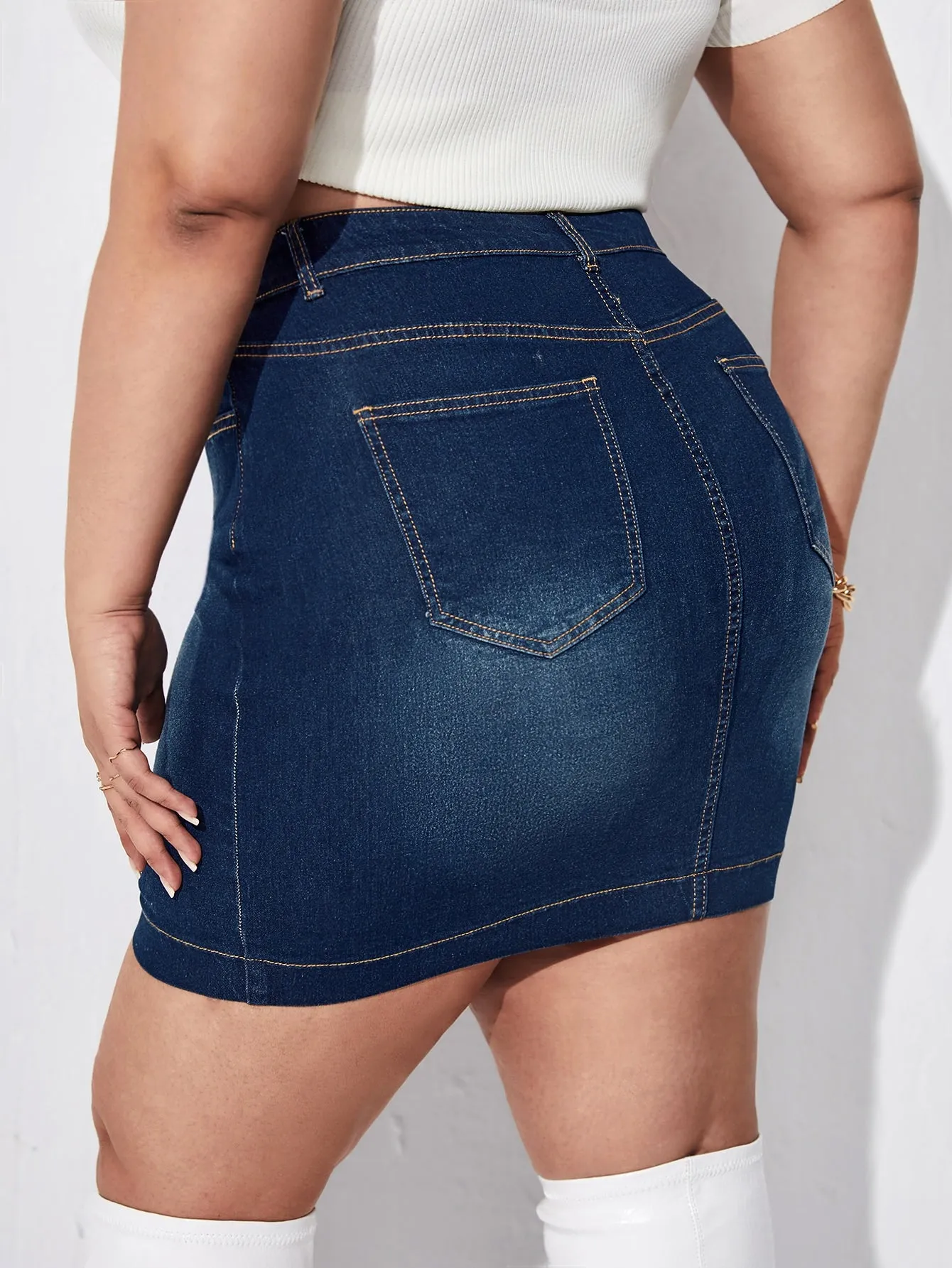 Plain Washed High Waist Short Plus Size Denim Skirt