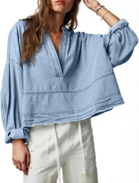 PLNOTME Womens Denim Tops Pullover Trendy Casual V Neck Loose Fit Puff Sleeve Jean Cotton Shirts
