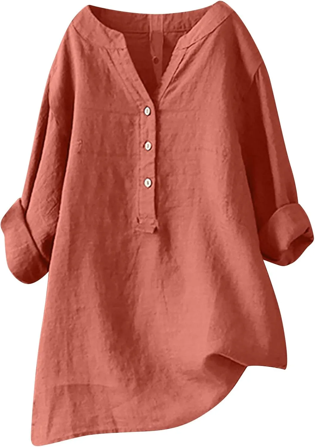 Plus Size Linen Button Down Shirts for Women Summer V Neck Tshirts Roll-Up Sleeve Tops Loose Fit Beach Clothes