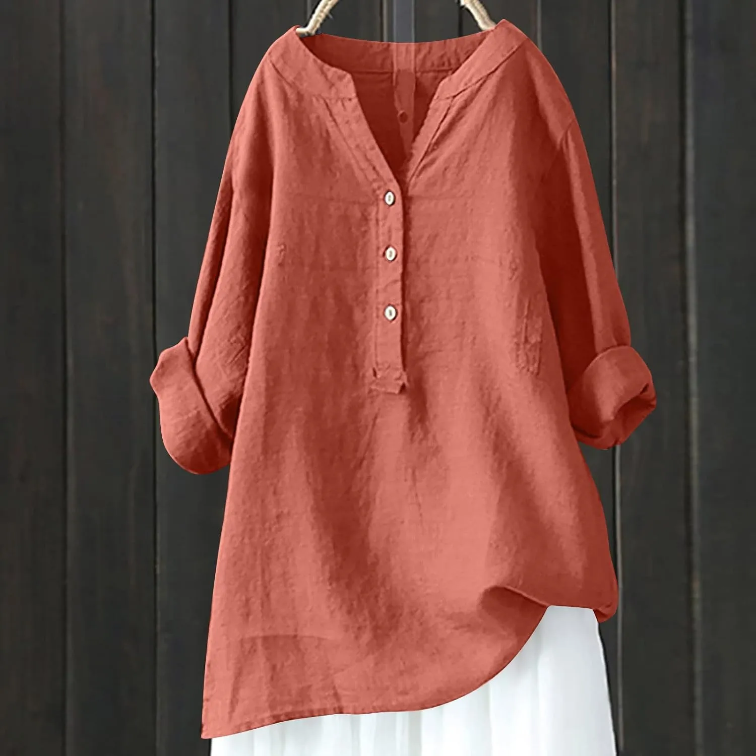 Plus Size Linen Button Down Shirts for Women Summer V Neck Tshirts Roll-Up Sleeve Tops Loose Fit Beach Clothes