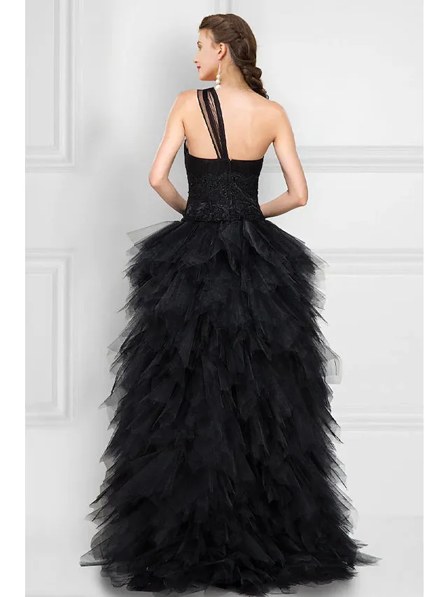 Prom Dresses Black Dress Masquerade Asymmetrical Sleeveless One Shoulder Tulle Ladder Back with Pure