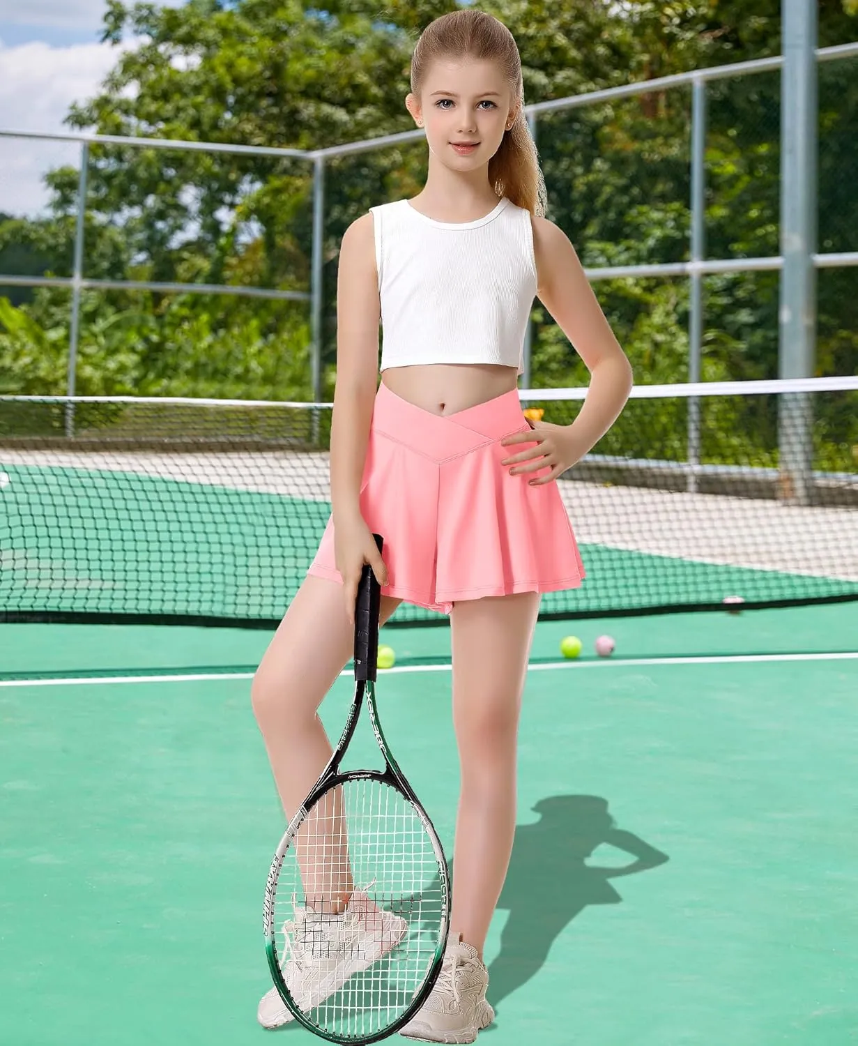 QooNoo Girls Athletic Shorts Flowy Running Shorts with Pockets V Crossover 2 in 1 Girls Tennis Shorts Butterfly Skorts