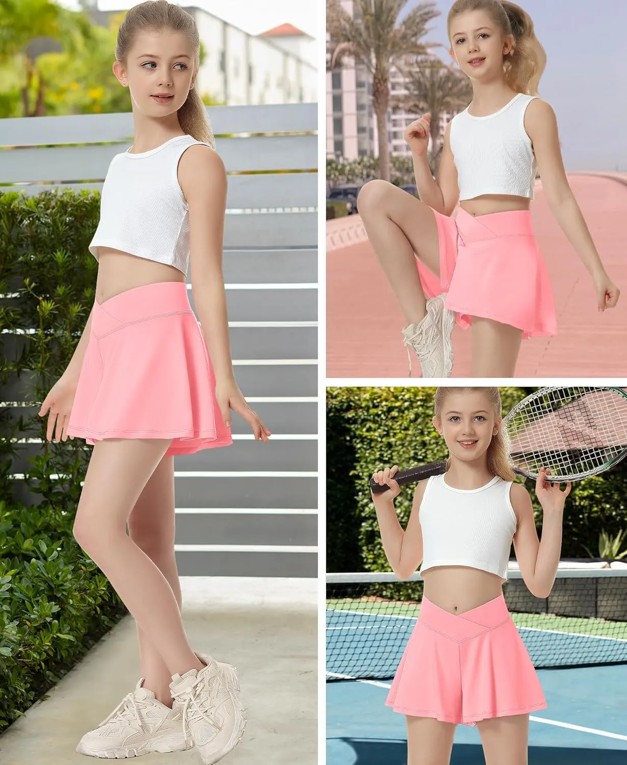 QooNoo Girls Athletic Shorts Flowy Running Shorts with Pockets V Crossover 2 in 1 Girls Tennis Shorts Butterfly Skorts