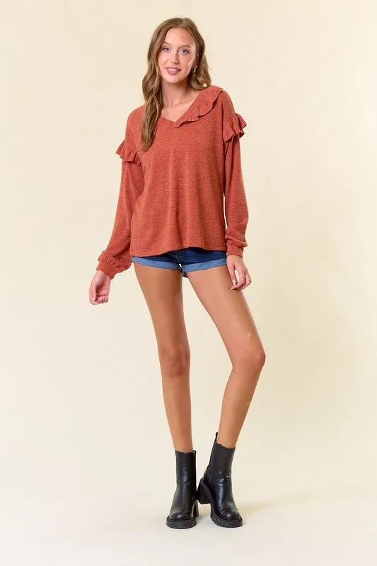 Rust Mir Hacci V-Neck Puff Long Sleeve Ruffled Top