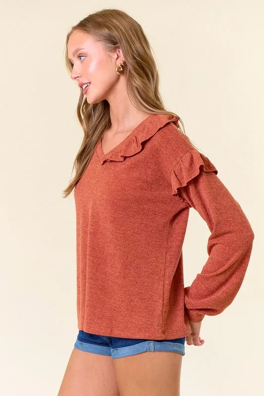 Rust Mir Hacci V-Neck Puff Long Sleeve Ruffled Top