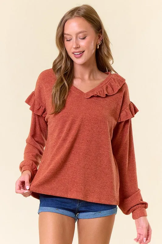 Rust Mir Hacci V-Neck Puff Long Sleeve Ruffled Top