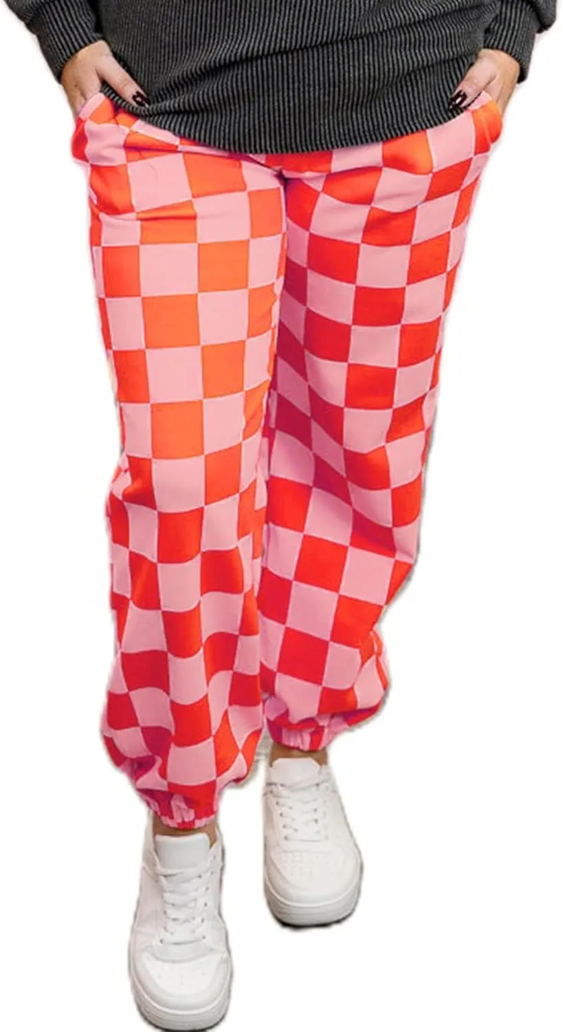 Sunloudy Womens Checkered Cargo Pant Elastic Waisted Color Block Gingham Loose Fitted Jogger Trouser Streetwear