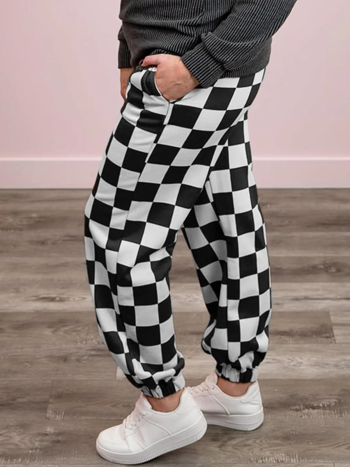 Sunloudy Womens Checkered Cargo Pant Elastic Waisted Color Block Gingham Loose Fitted Jogger Trouser Streetwear