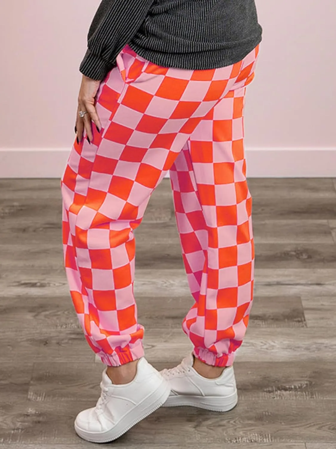 Sunloudy Womens Checkered Cargo Pant Elastic Waisted Color Block Gingham Loose Fitted Jogger Trouser Streetwear