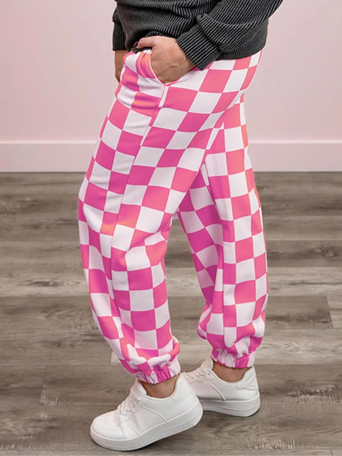 Sunloudy Womens Checkered Cargo Pant Elastic Waisted Color Block Gingham Loose Fitted Jogger Trouser Streetwear